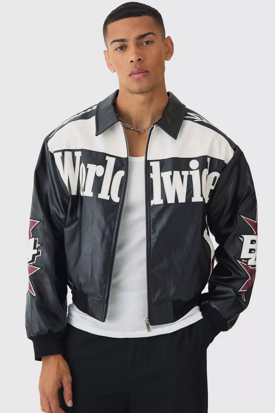 GIACCA BOMBER SQUADRATA ROSSA WORLDWIDE IN PU CON COLLETTO