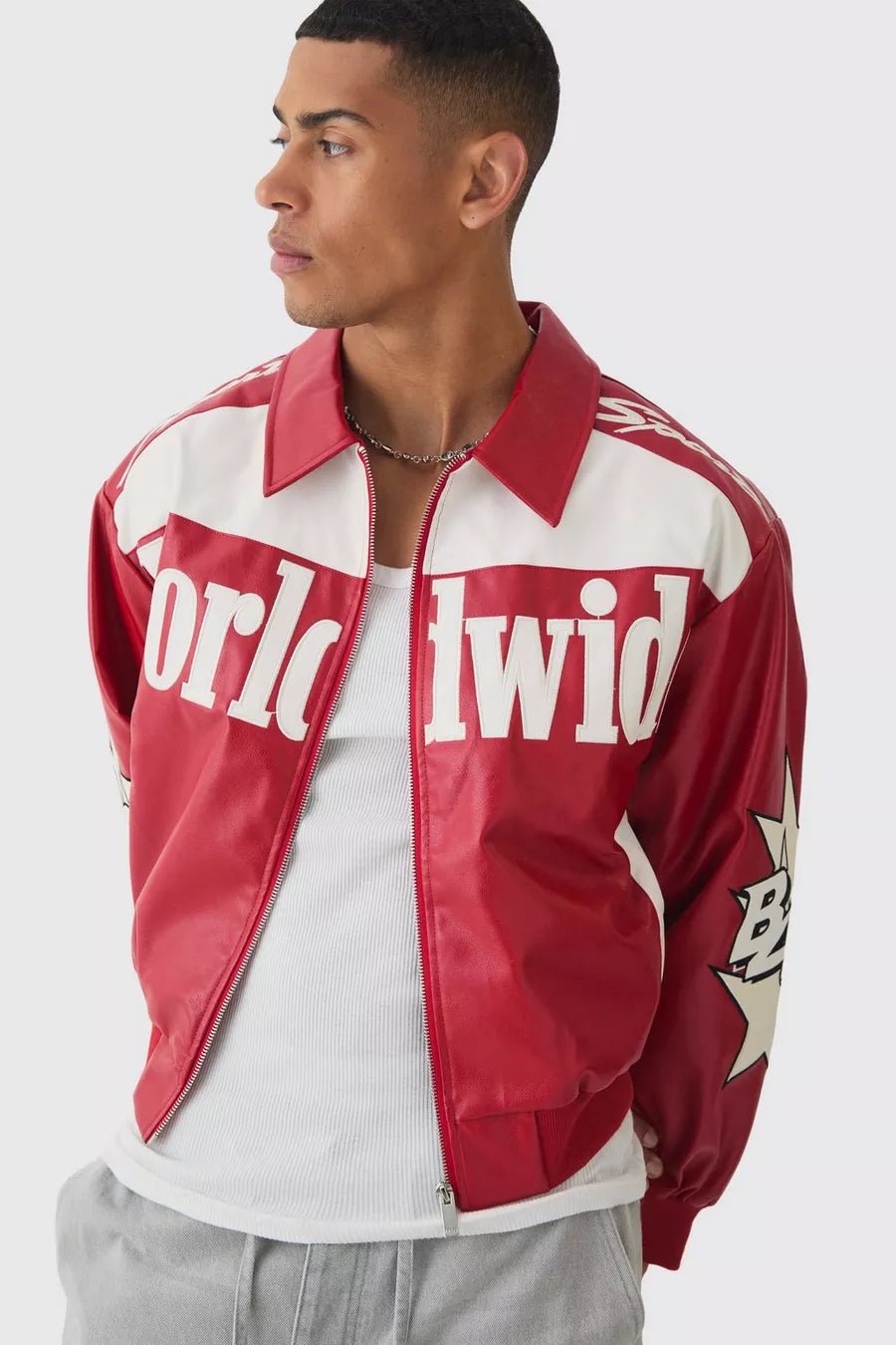 GIACCA BOMBER SQUADRATA ROSSA WORLDWIDE IN PU CON COLLETTO