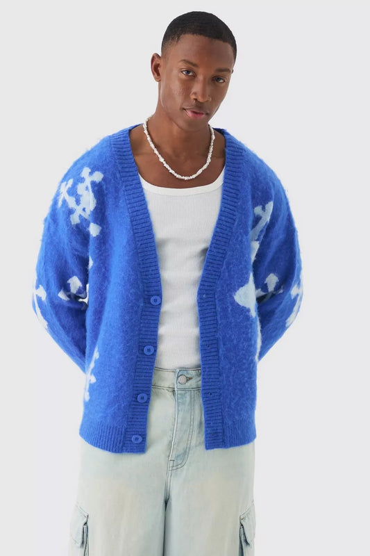 CARDIGAN SQUADRATO OVERSIZE IN MAGLIA SPAZZOLATA A STELLE