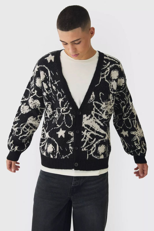 OVERSIZED BOXY BRUSHED ALL OVER JACQUARD KNITTED CARDIGAN