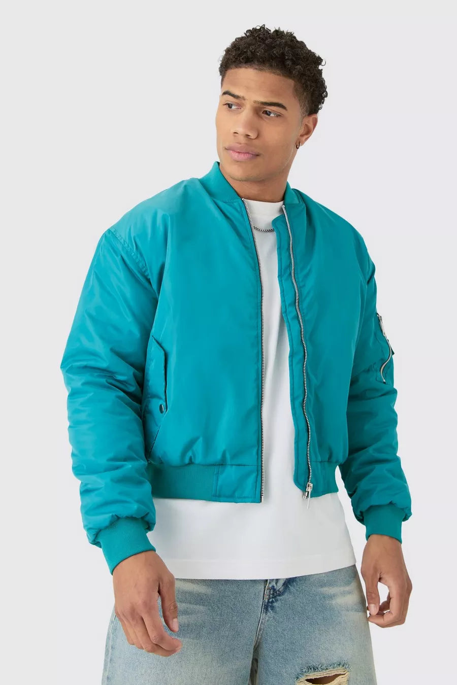 GIACCA BOMBER SQUADRATA MA1 COLOR ACQUA CON RUCHES SULLE MANICHE