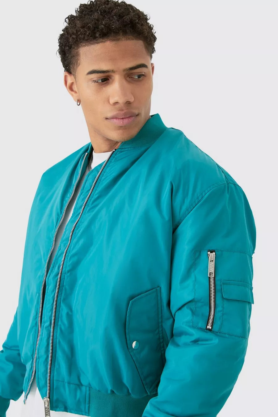 GIACCA BOMBER SQUADRATA MA1 COLOR ACQUA CON RUCHES SULLE MANICHE