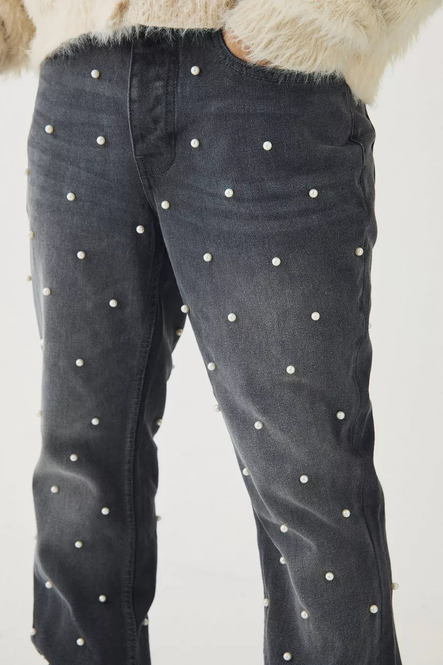 JEANS A ZAMPA SLIM FIT IN DENIM RIGIDO DECORATI CON PERLE