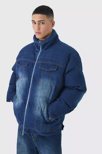 PIUMINO SQUADRATO OVERSIZE IN DENIM CON COLLO A IMBUTO